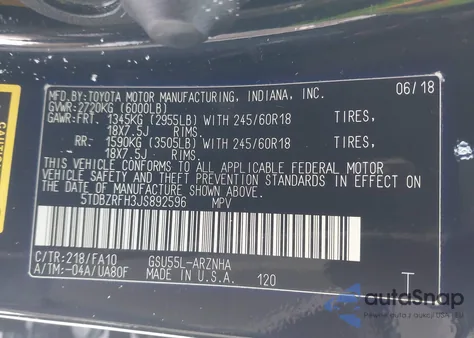 2018 Toyota Highlander Le Plus from USA, damaged, VIN 5TDBZRFH3JS892596